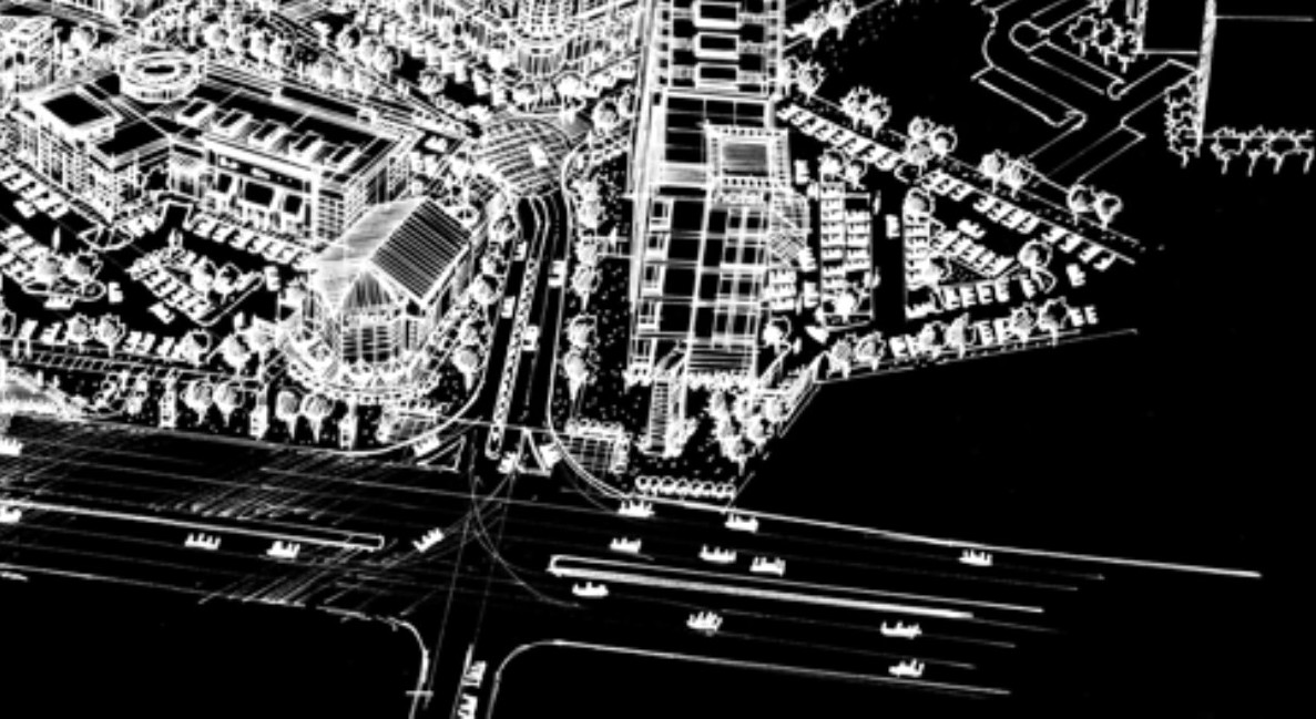 Detail of the Hall of Fame master plan sketch — stadium and parking