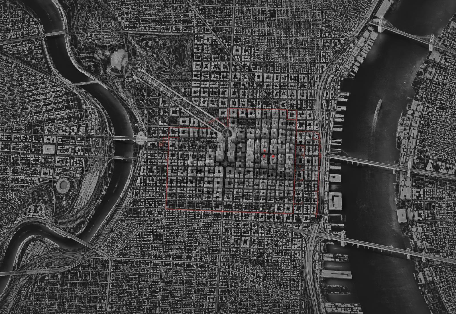Architectural map illustration of Philadelphia between the Schuylkill and Delaware rivers
