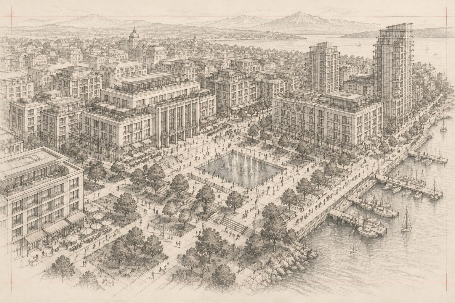 Architectural concept drawing of a waterfront mixed-use district