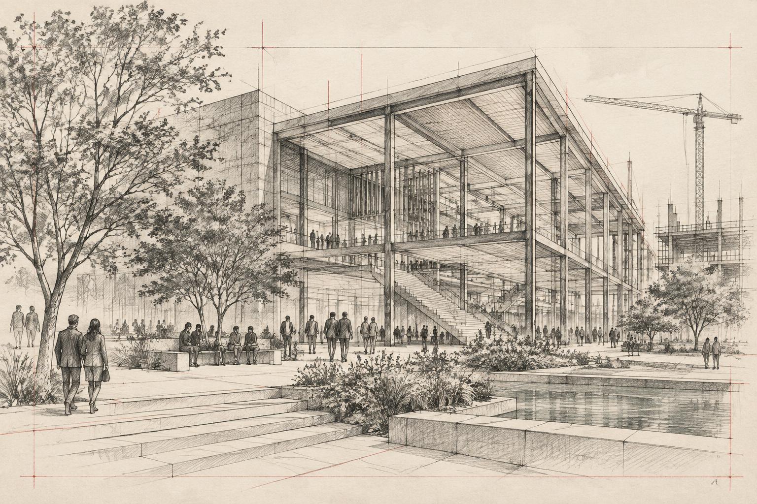 Architectural concept drawing of a civic building under construction